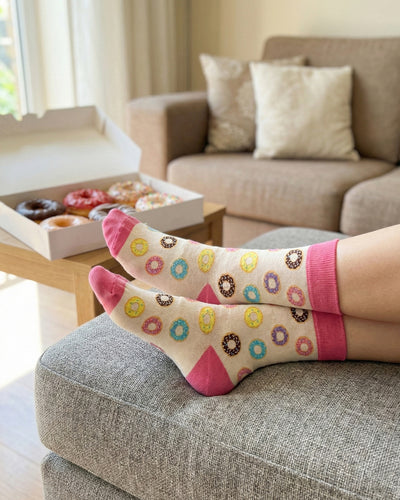 Socksop Donut crew socks at home — sweet bakery-pattern styling for cozy indoor wear