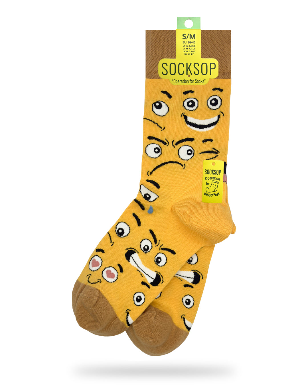 Socksop Emoji crew socks — studio hero shot with expressive cartoon faces in yellow with tan accents