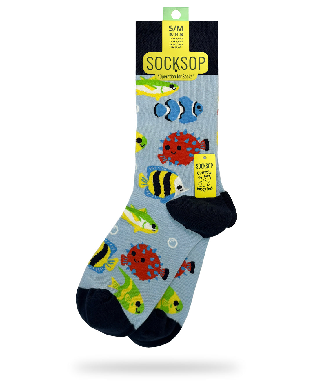 Socksop Fish crew socks — studio hero shot with tropical clownfish pufferfish and angelfish on light blue