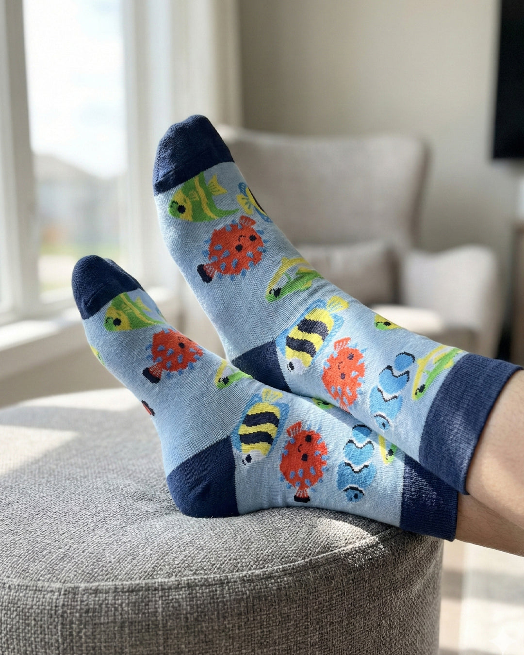 Socksop Fish crew socks at home — aquarium-pattern styling for cozy indoor wear