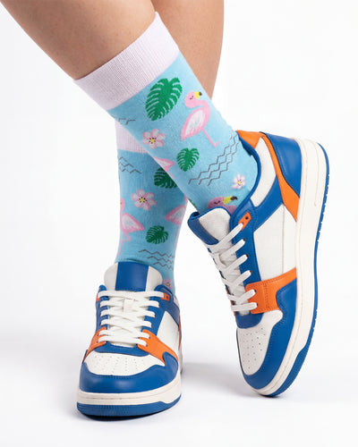 Socksop Flamingo crew socks studio shot — tropical flamingo motif on turquoise cotton