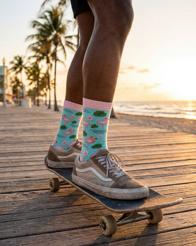 Socksop Flamingo crew socks lifestyle shot — tropical flamingo design styled for warm-weather everyday wear