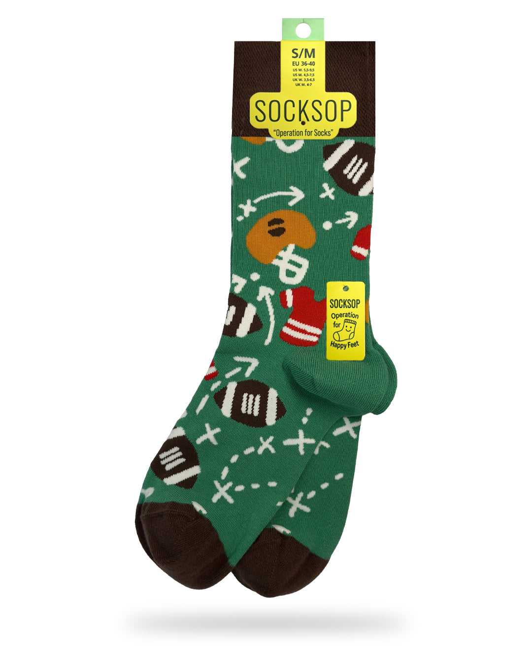 Socksop Football crew socks — studio hero shot with footballs helmets jerseys and play-diagram Xs on green
