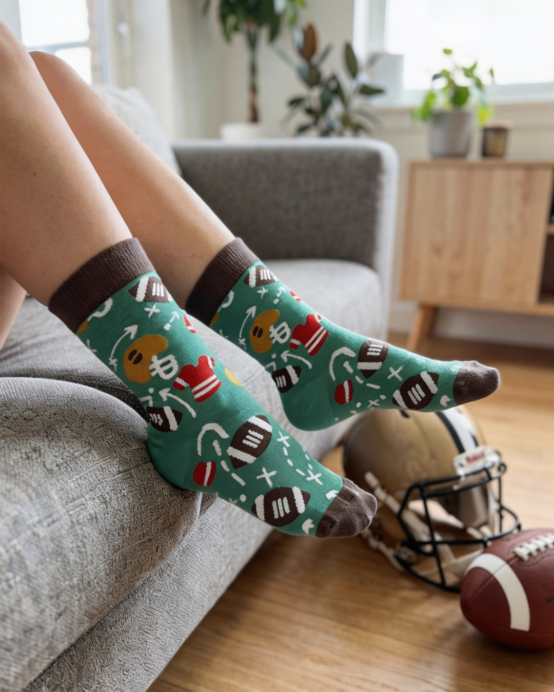 Socksop Football crew socks at home — gameday-themed styling for casual indoor wear