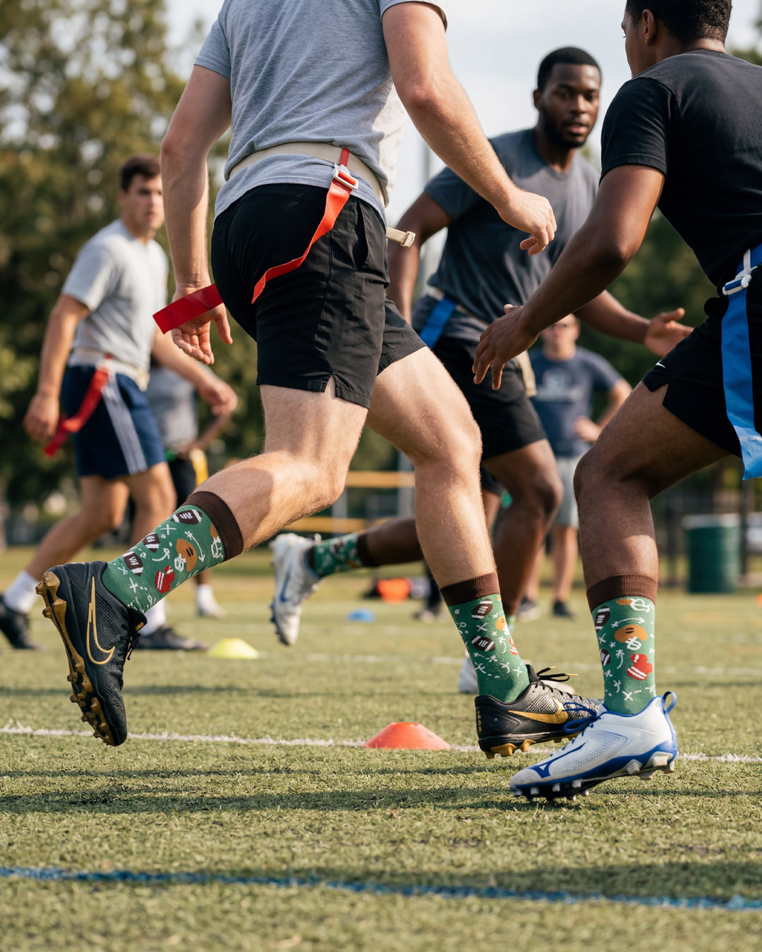 Socksop Football crew socks lifestyle shot — football-fan design styled for tailgate and everyday wear