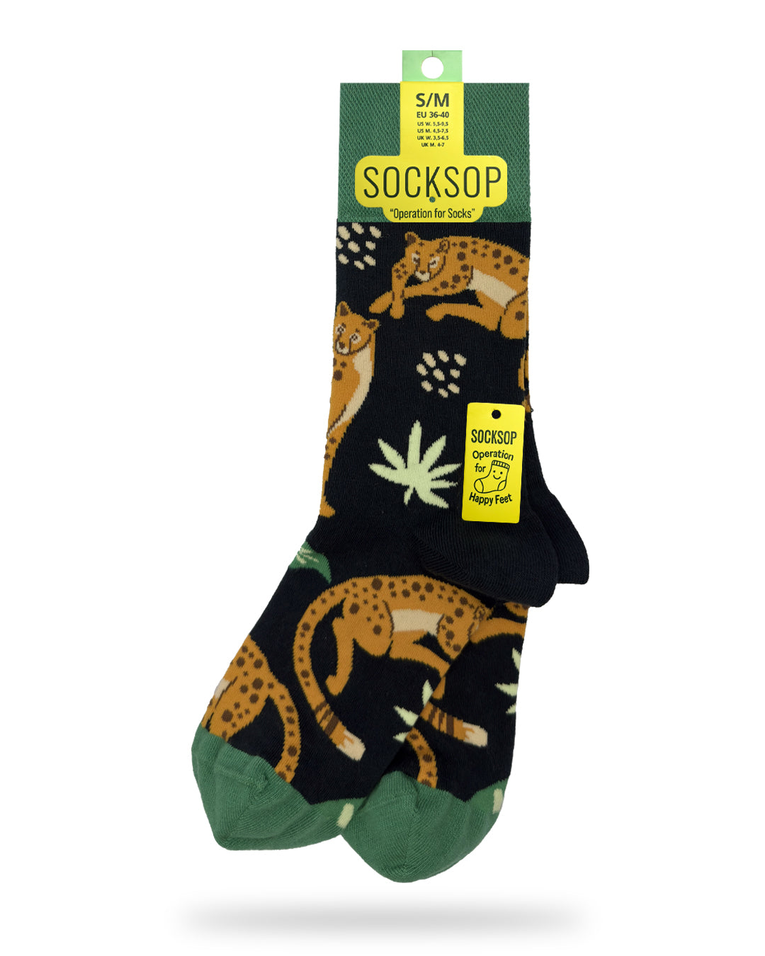 Socksop Forest crew socks — studio hero shot with leopards palm leaves and paw prints on black