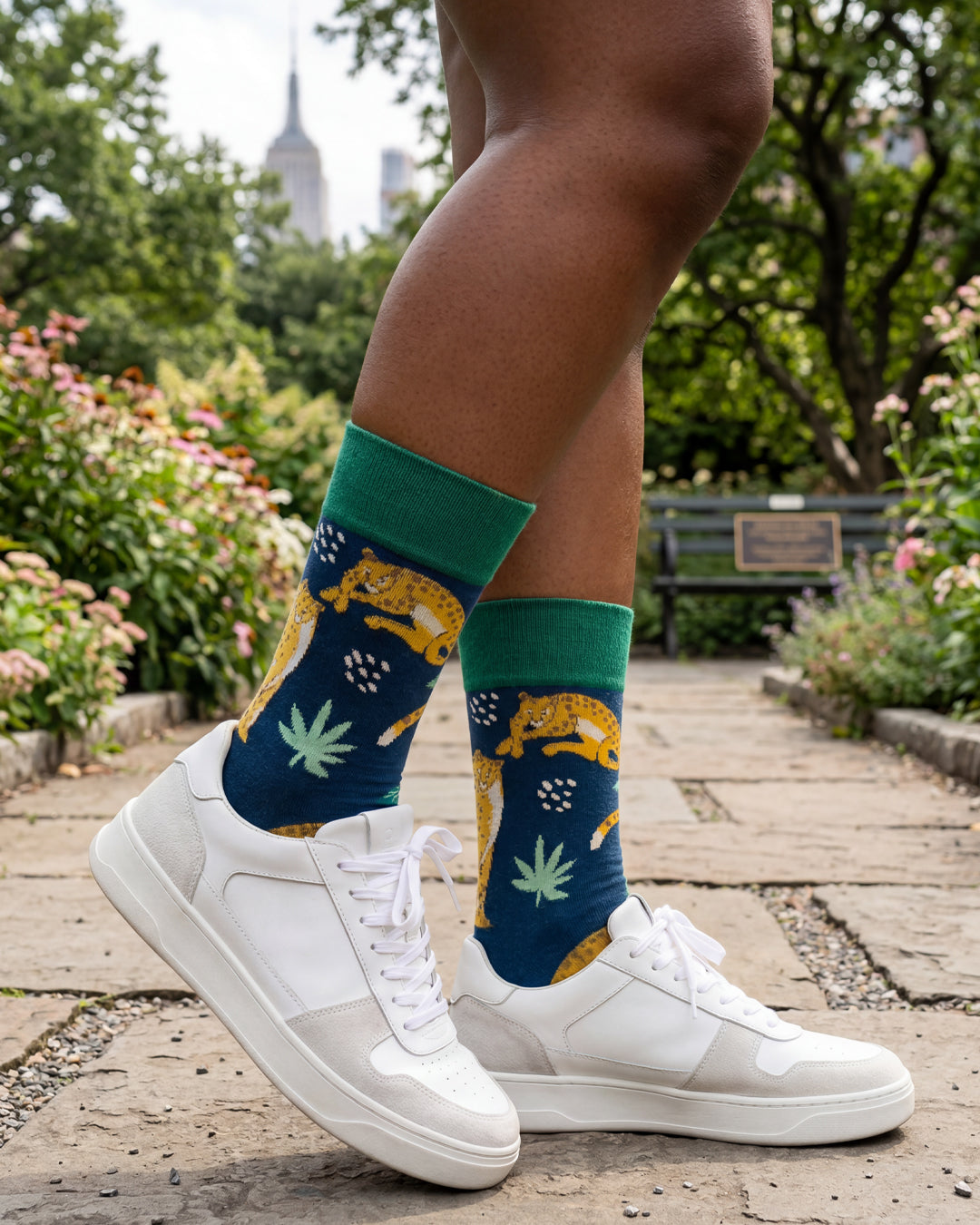 Socksop Forest crew socks lifestyle shot — jungle leopard design styled for adventurous everyday wear