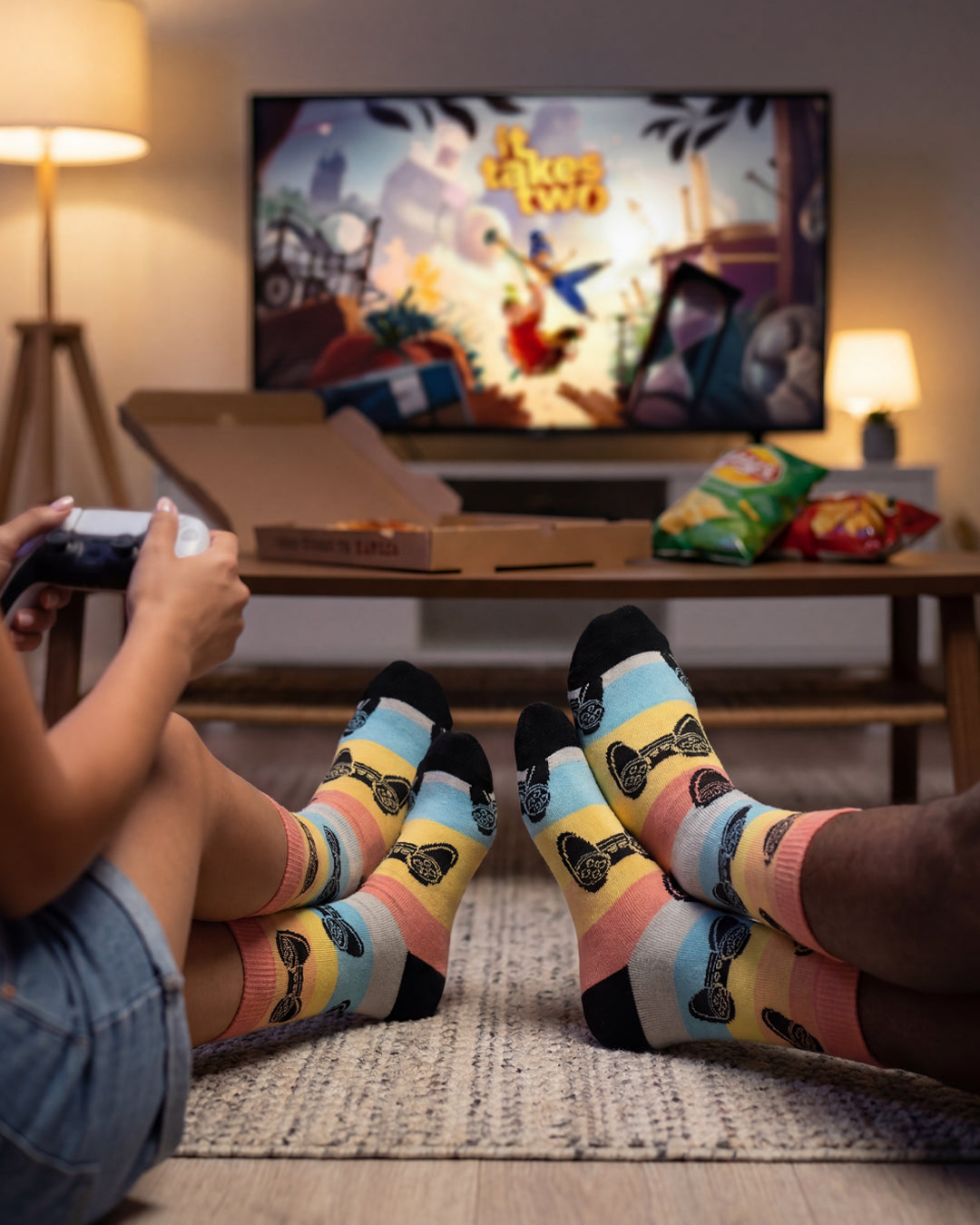 Socksop Gamer crew socks lifestyle shot — controller design styled for casual streetwear