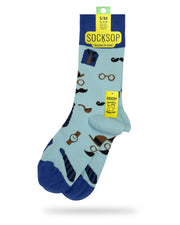 Socksop Gentleman crew socks — studio hero shot light blue with mustache pipe and bowler hat motifs