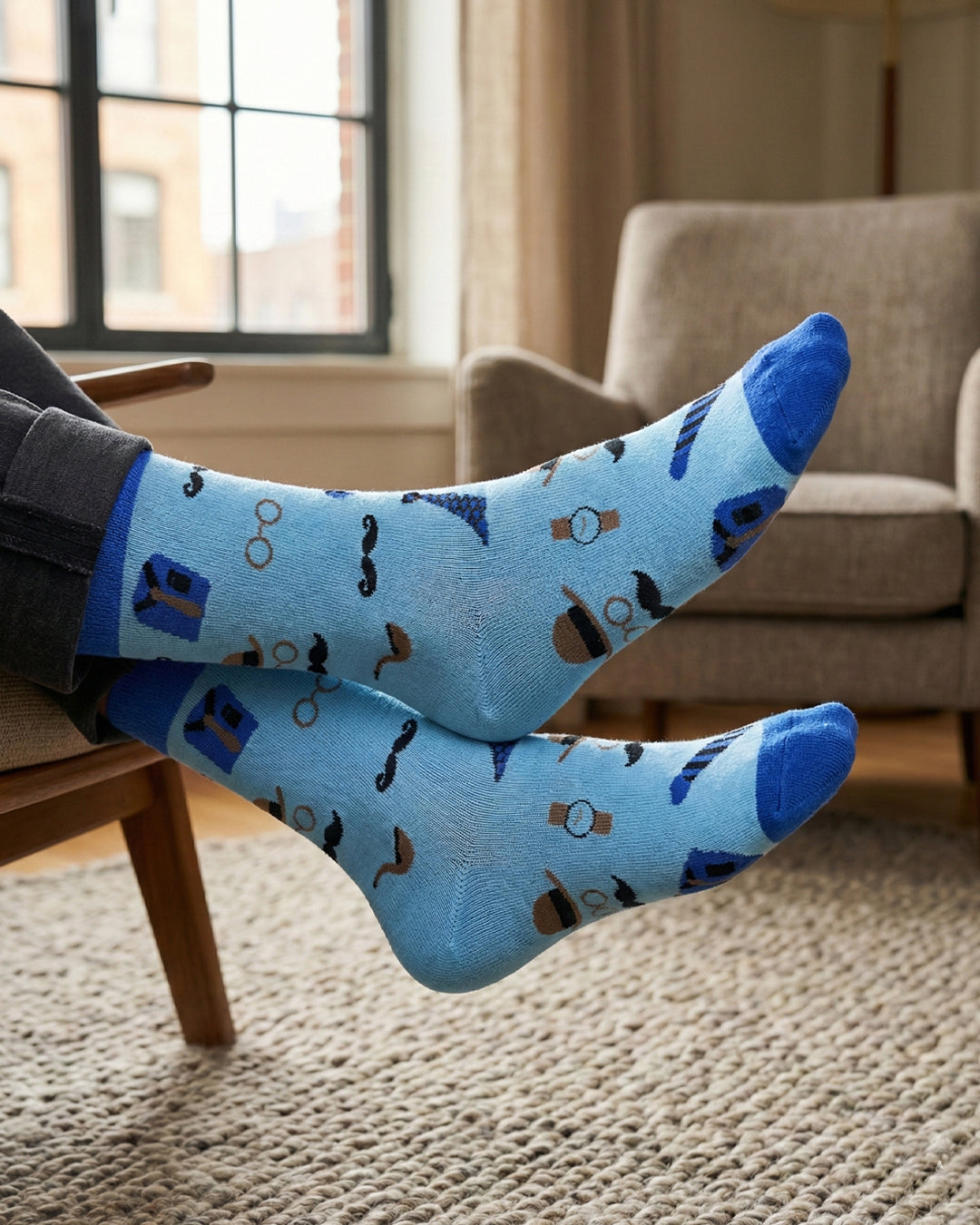 Socksop Gentleman crew socks at home — dapper mustache and pipe pattern styled indoors