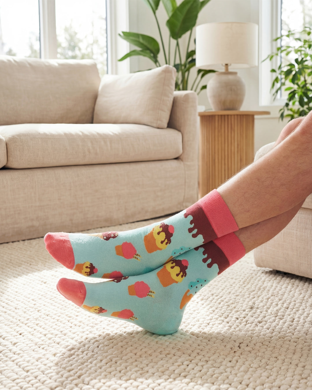 Socksop Ice Cream crew socks at home — sweet treat pattern styled for cozy lounging