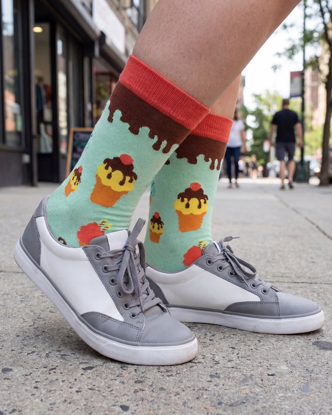 Socksop Ice Cream crew socks worn outdoors — playful dessert print in summer scene