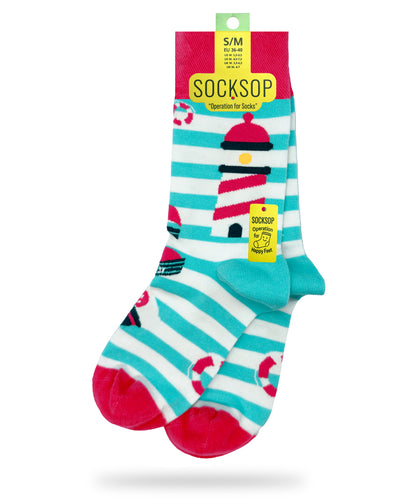 Socksop Lighthouse crew socks — studio hero shot turquoise stripes with red lighthouse and life ring icons