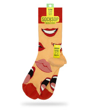 Socksop Lips crew socks — studio hero shot peach with red and pink kiss lip icons