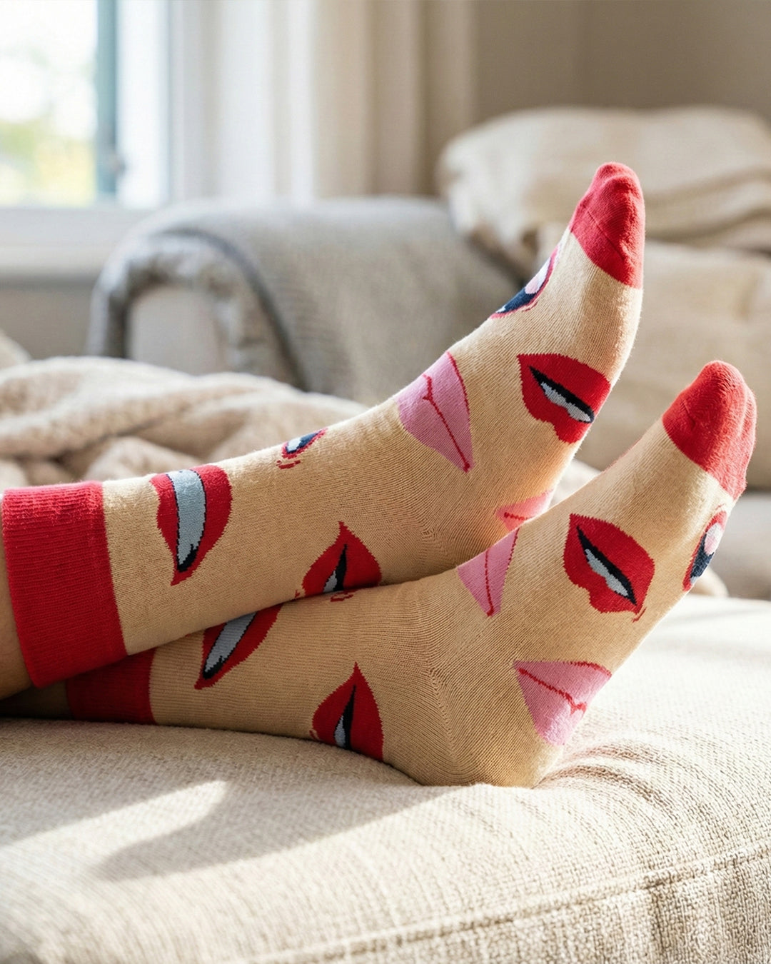 Socksop Lips crew socks at home — flirty kiss print styled for cozy lounging
