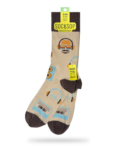 Socksop Music crew socks — studio hero shot beige with headphones cassette tapes and DJ icons