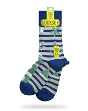 Socksop Nautical crew socks — studio hero shot navy and grey stripes with sailboat anchor and starfish