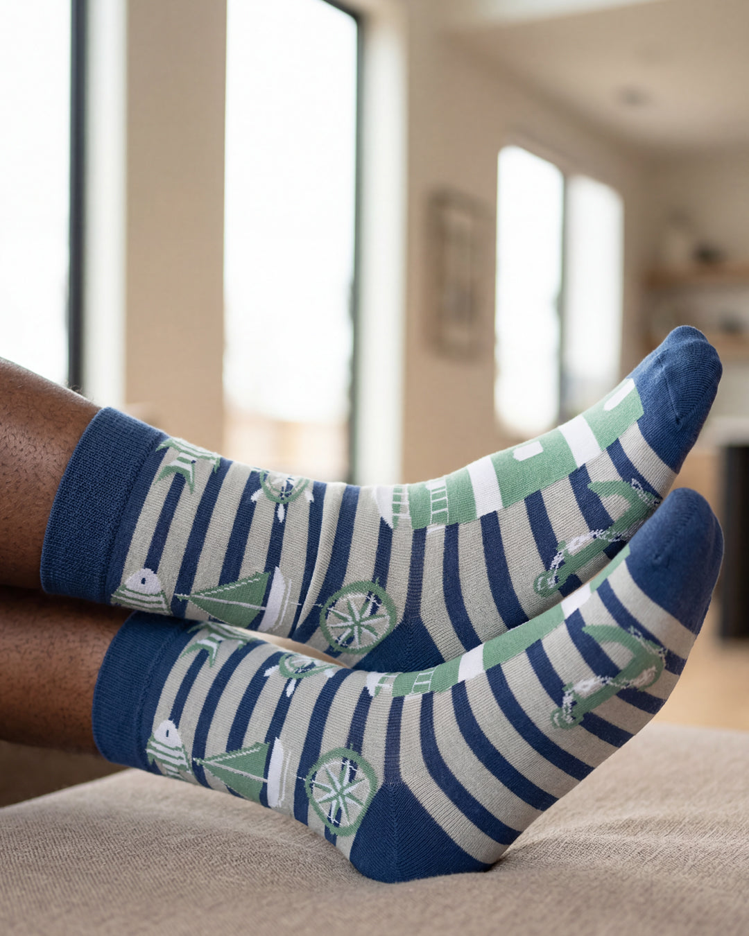 Socksop Nautical crew socks at home — breton stripes styled for cozy indoor wear