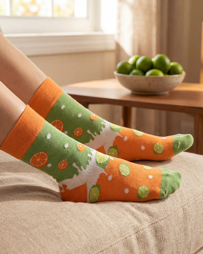 Socksop Orange and Lime crew socks at home — citrus split print styled for indoor lounging