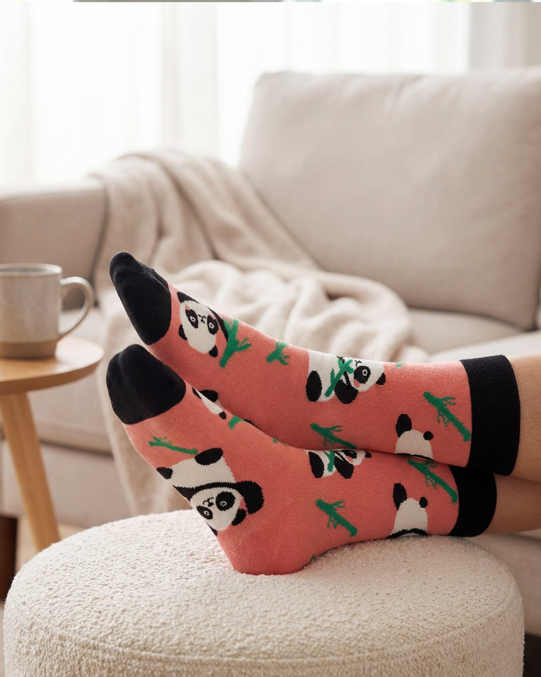 Socksop Panda crew socks at home — cute panda print styled for cozy indoor wear