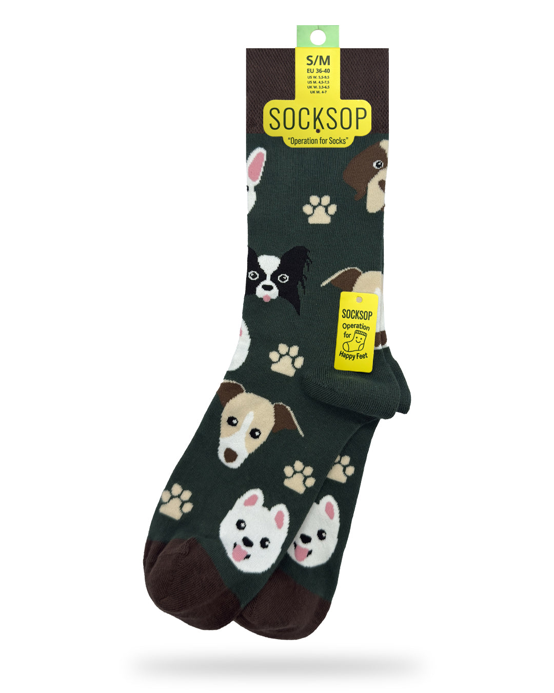 Socksop Paw crew socks — studio hero shot dark green with dog faces and tan paw prints