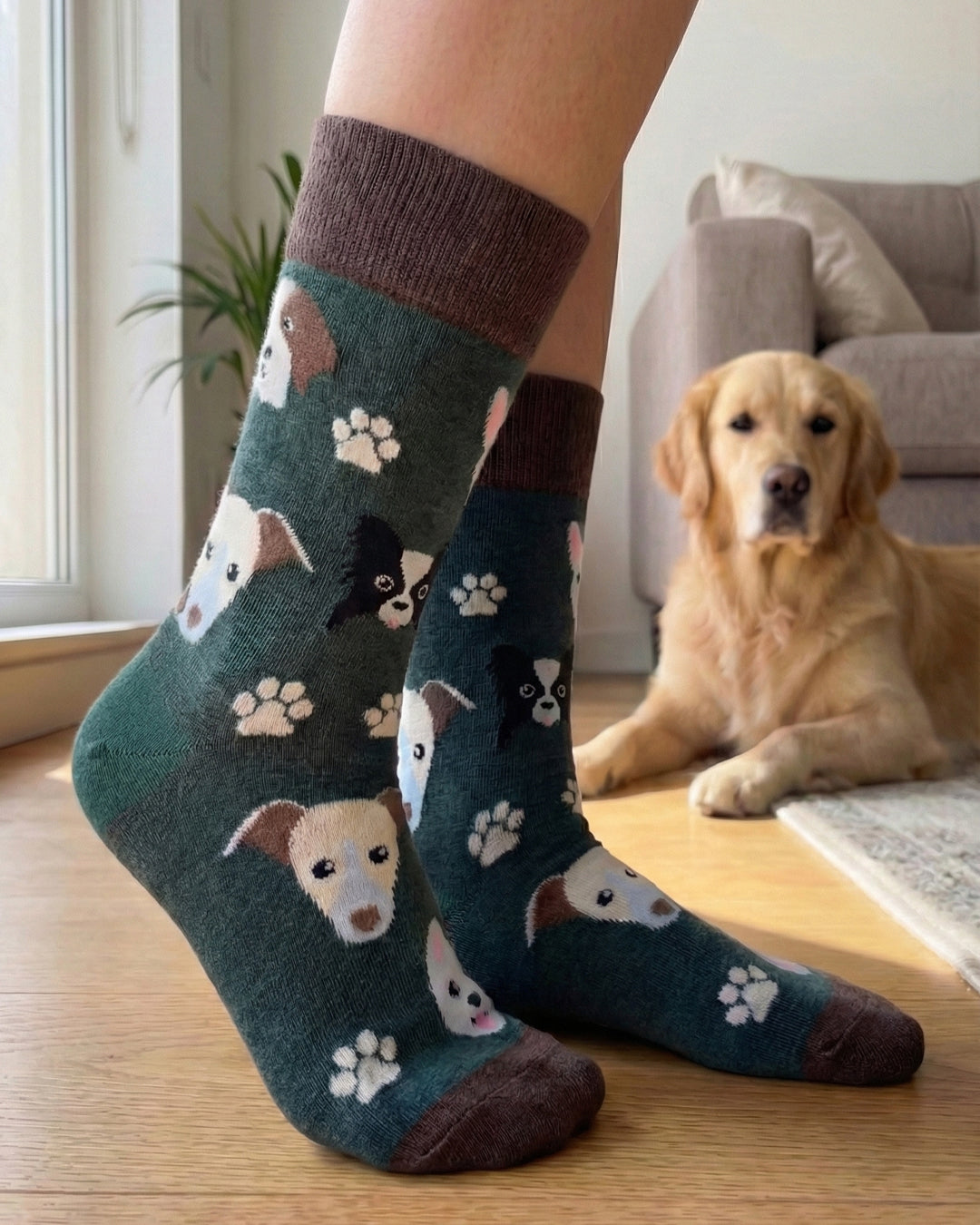 Socksop Paw crew socks at home — dog and paw print styled for cozy indoor wear