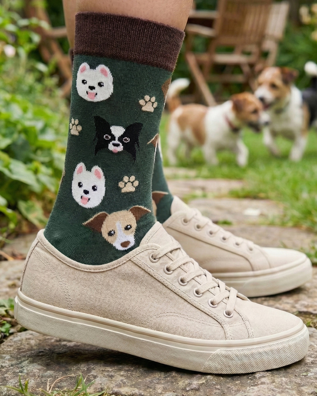 Socksop Paw crew socks worn outdoors — dog faces and paw prints on a walk