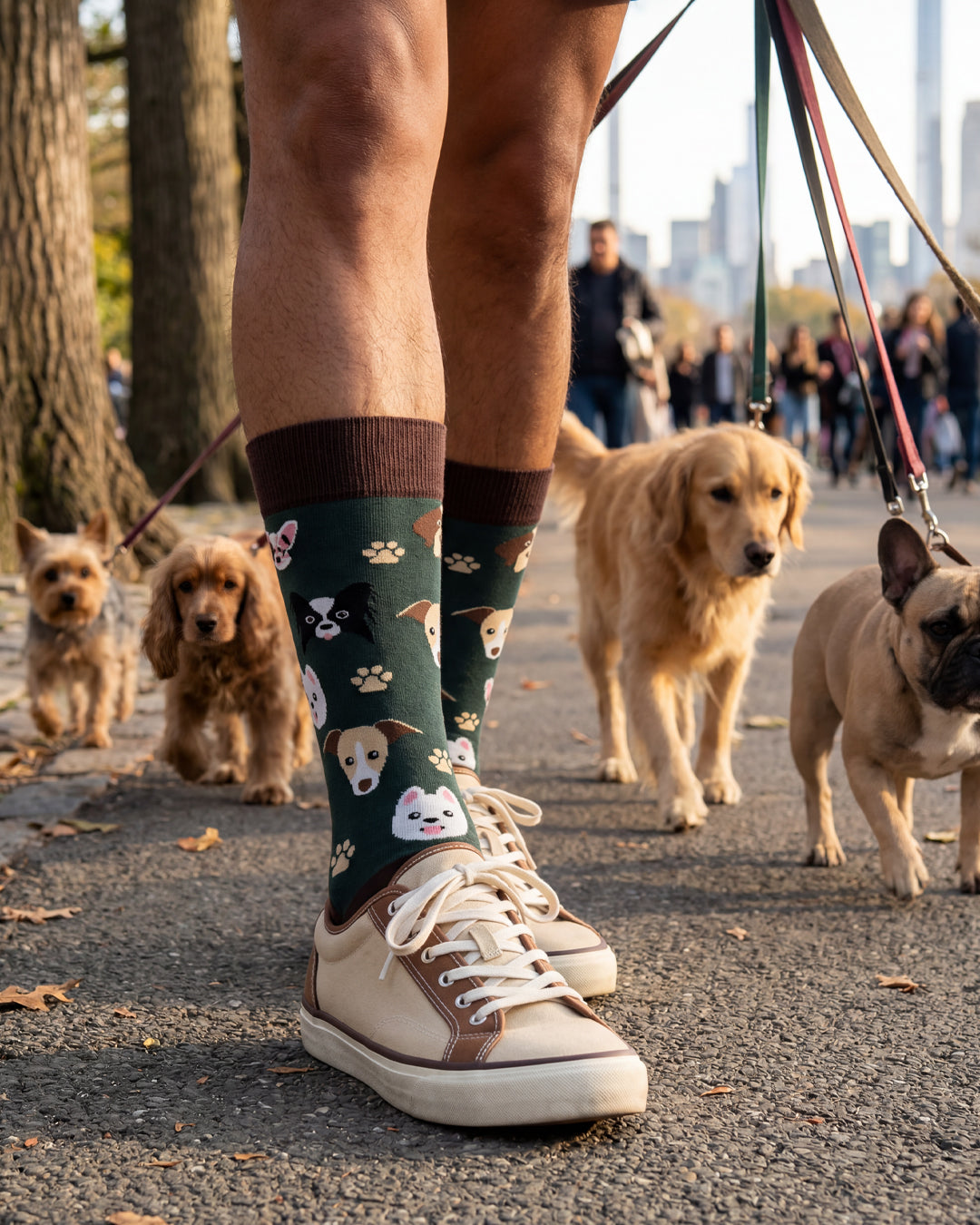 Socksop Paw crew socks lifestyle shot — dog lover print styled with casual outfit