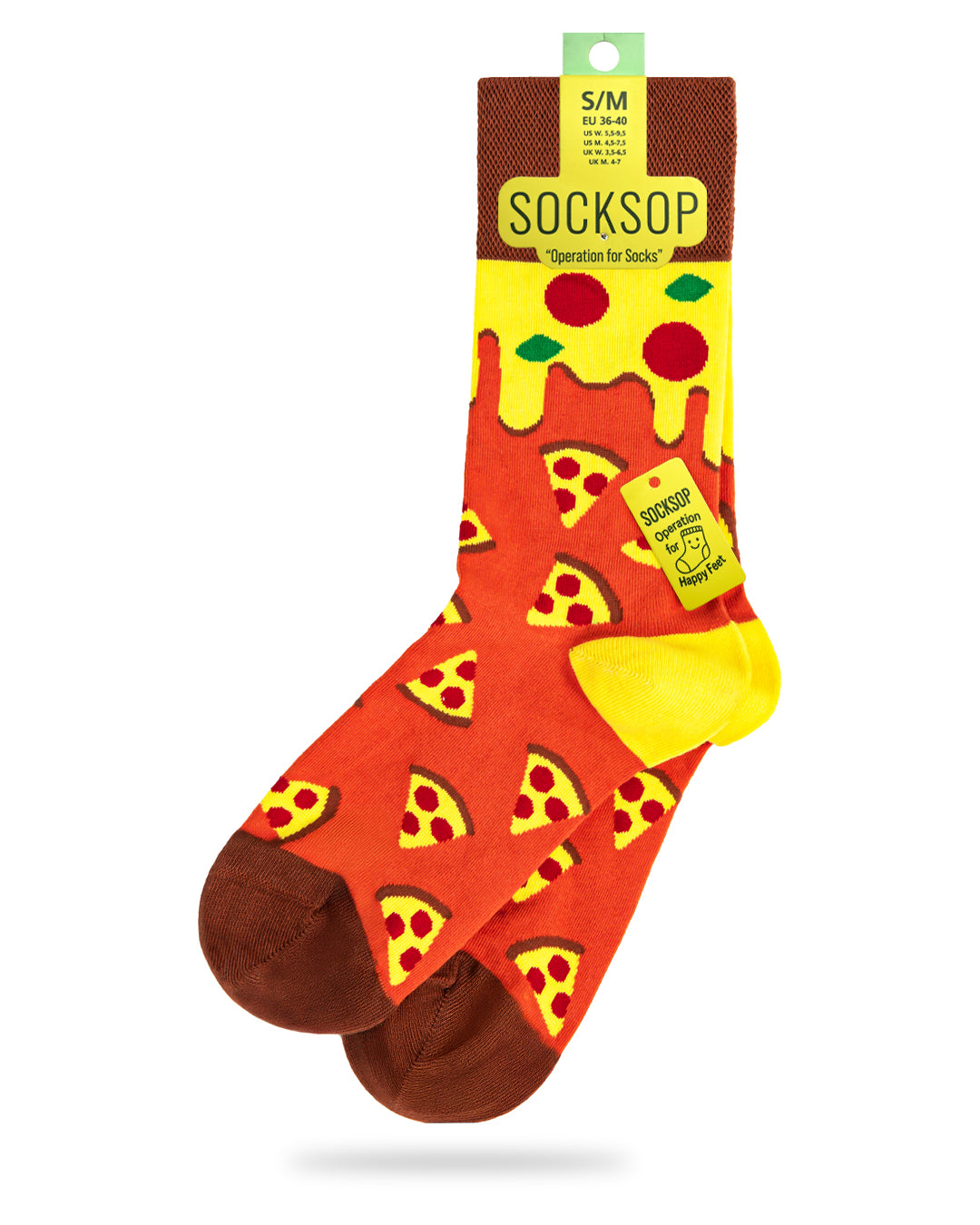 Socksop Pizza crew socks — studio hero shot orange red with pepperoni slice and melted cheese cuff