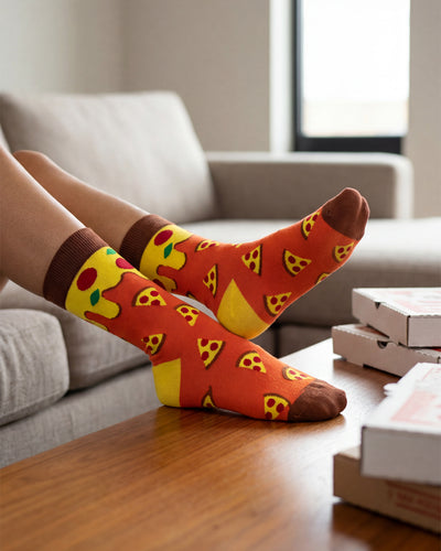 Socksop Pizza crew socks at home — foodie pizza print styled for cozy indoor wear