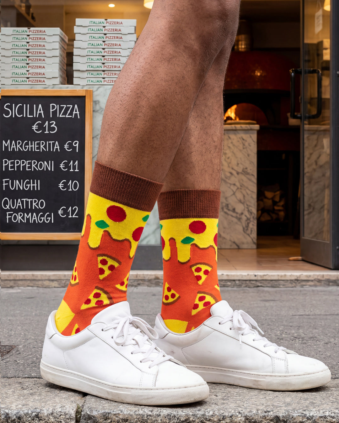 Socksop Pizza crew socks worn outdoors — pepperoni slice pattern in casual setting