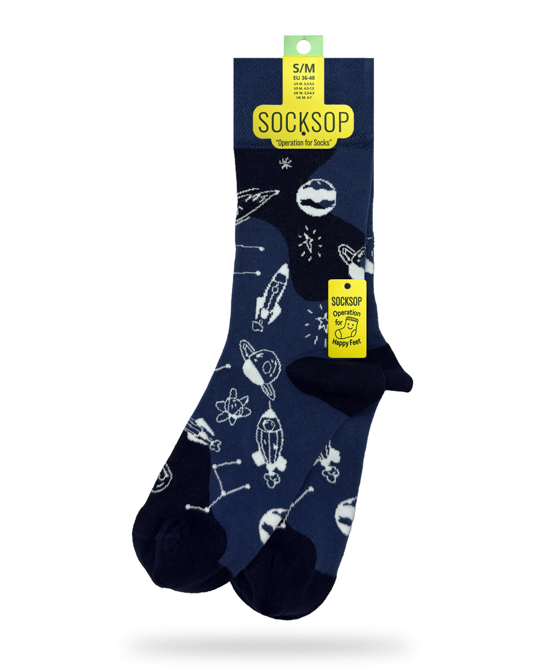 Socksop Space crew socks — studio hero shot navy with rockets planets and constellation icons