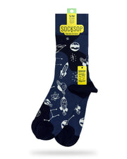Socksop Space crew socks — studio hero shot navy with rockets planets and constellation icons