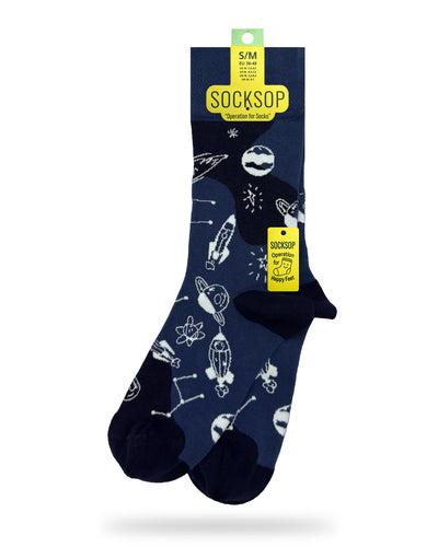 Socksop Space crew socks — studio hero shot navy with rockets planets and constellation icons