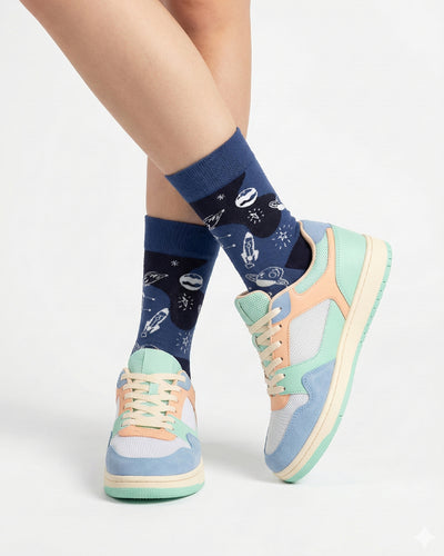 Socksop Space crew socks studio shot — navy with rockets and constellation motifs