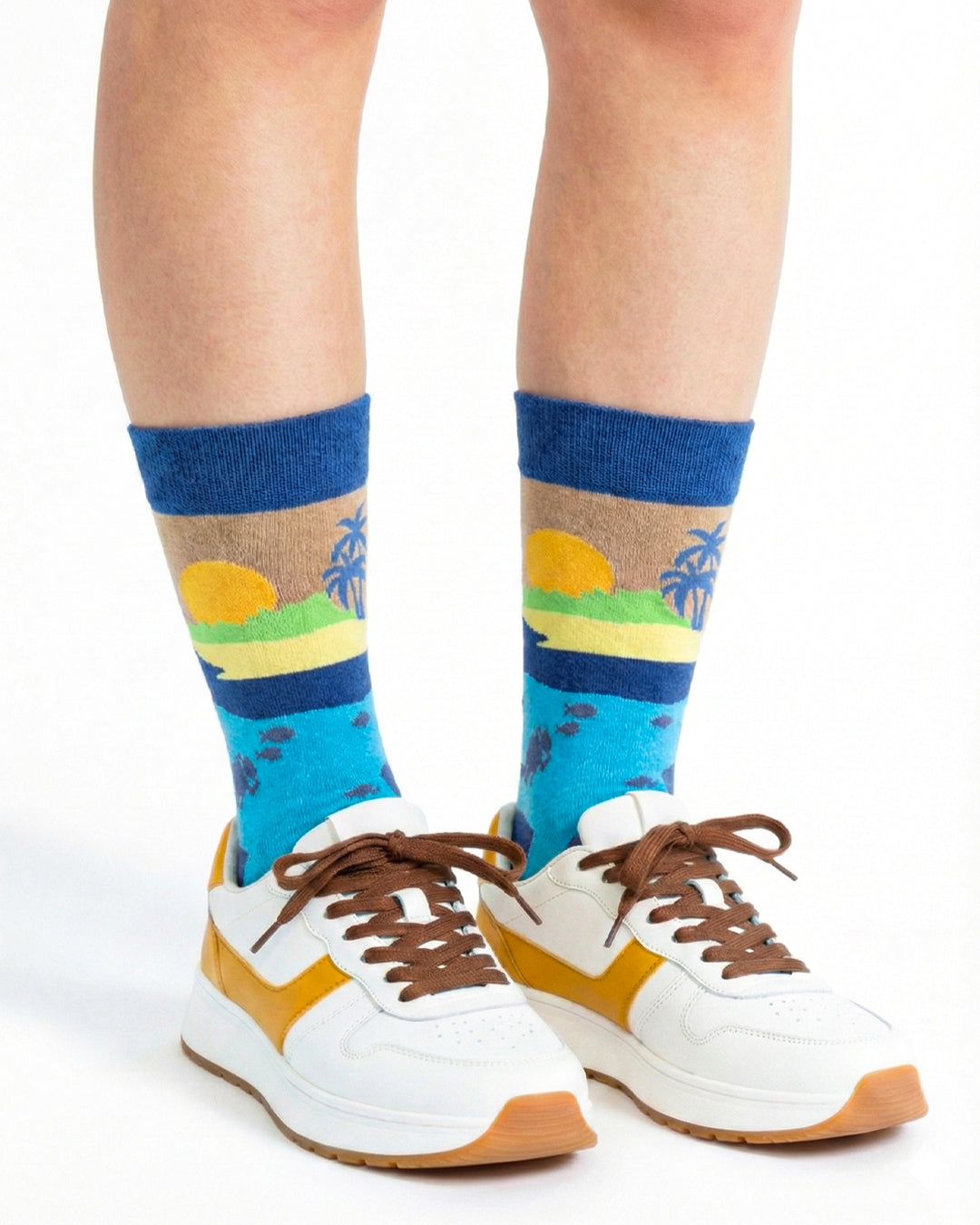 Socksop Summer crew socks studio shot — tropical palm and underwater diver scene