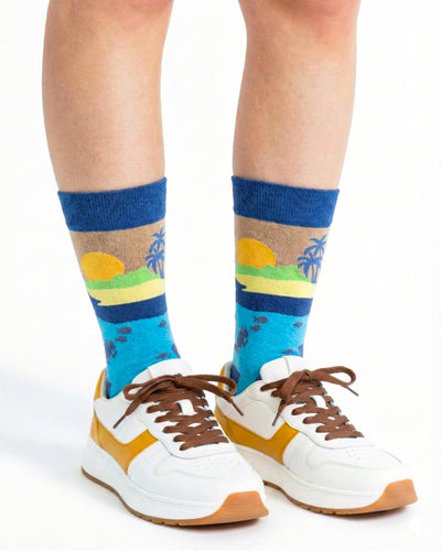 Socksop Summer crew socks studio shot — tropical palm and underwater diver scene