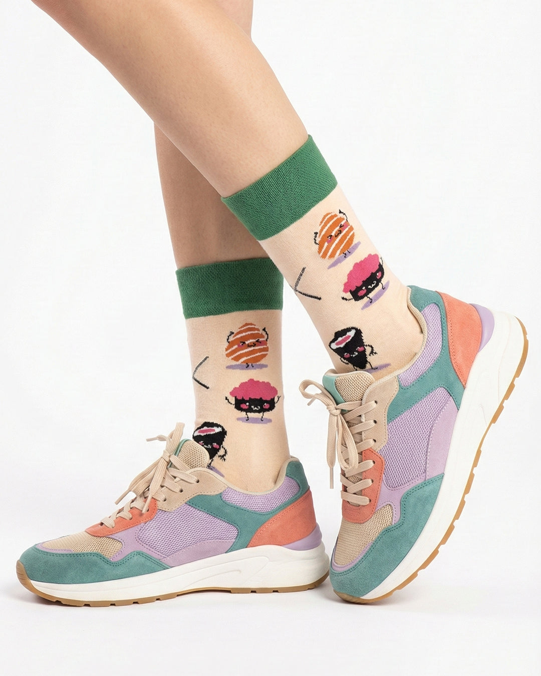 Socksop Sushi crew socks studio shot — peach with kawaii sushi character motifs