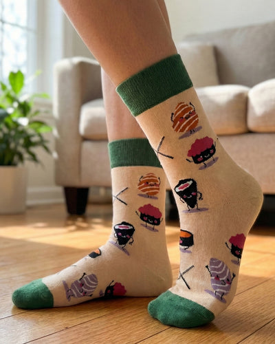 Socksop Sushi crew socks at home — kawaii sushi print styled for cozy indoor wear