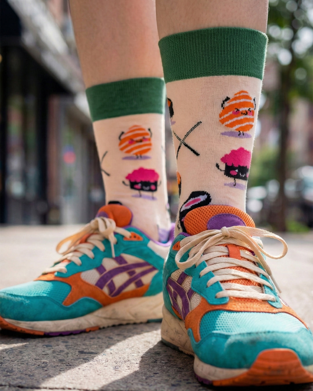 Socksop Sushi crew socks worn outdoors — playful sushi character pattern in casual setting