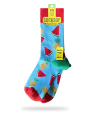 Socksop Watermelon crew socks — studio hero shot sky blue with watermelon slices and pineapple icons