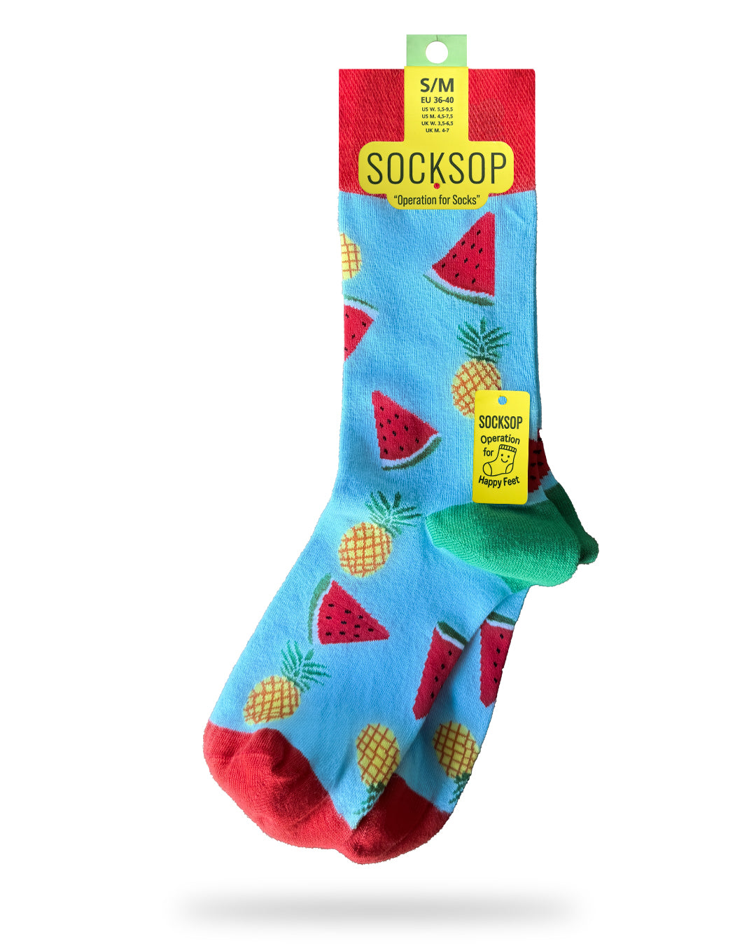 Socksop Watermelon crew socks — studio hero shot sky blue with watermelon slices and pineapple icons