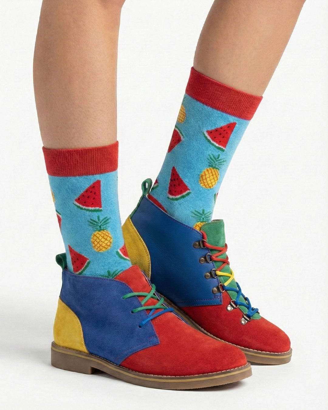 Socksop Watermelon crew socks studio shot — sky blue with watermelon and pineapple motifs