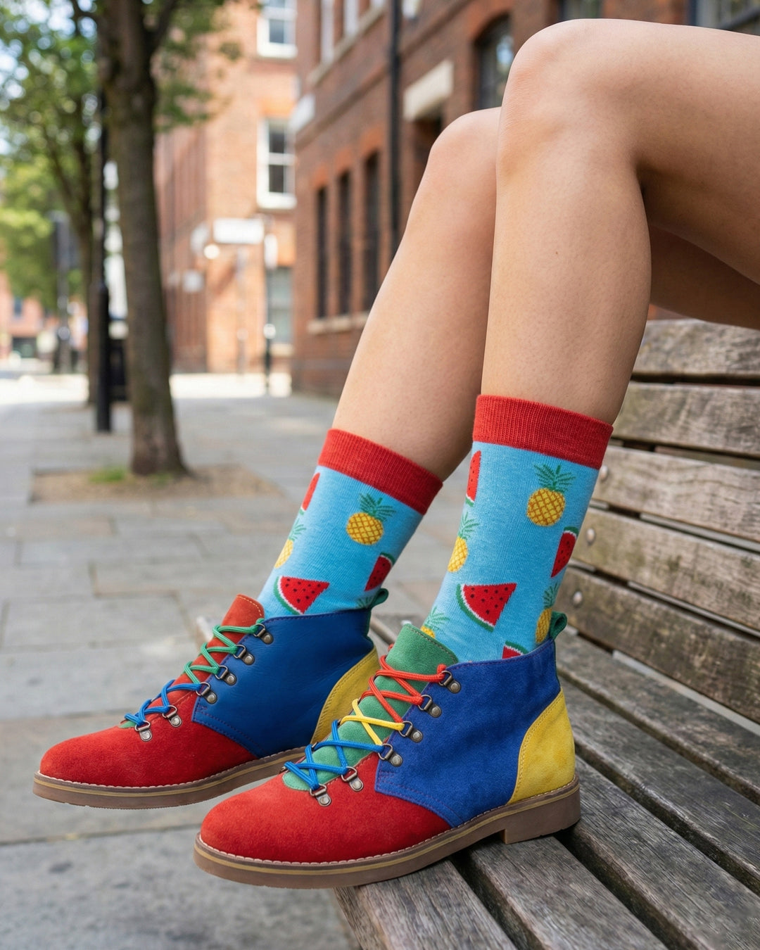Socksop Watermelon crew socks worn outdoors — summer fruit pattern in sunny setting