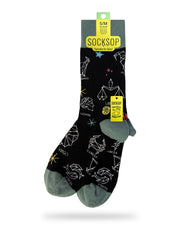 Socksop Zodiac Signs crew socks — studio hero shot black with white constellation line art and labels